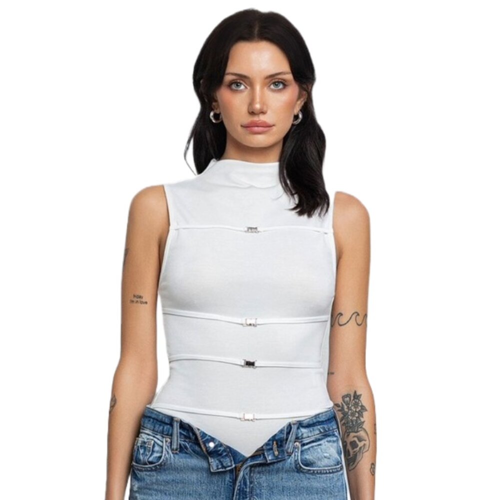 Scuba Mock Neck Tank Top W/ Metal Clasps - White